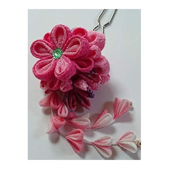 Kanzashi Craft Kit - Pink Double Flower with Wisteria Tassel - Tsumami Zaiku (Maru Tsumami & Ken Tsumami Techniques) - Luxurious Black Plated