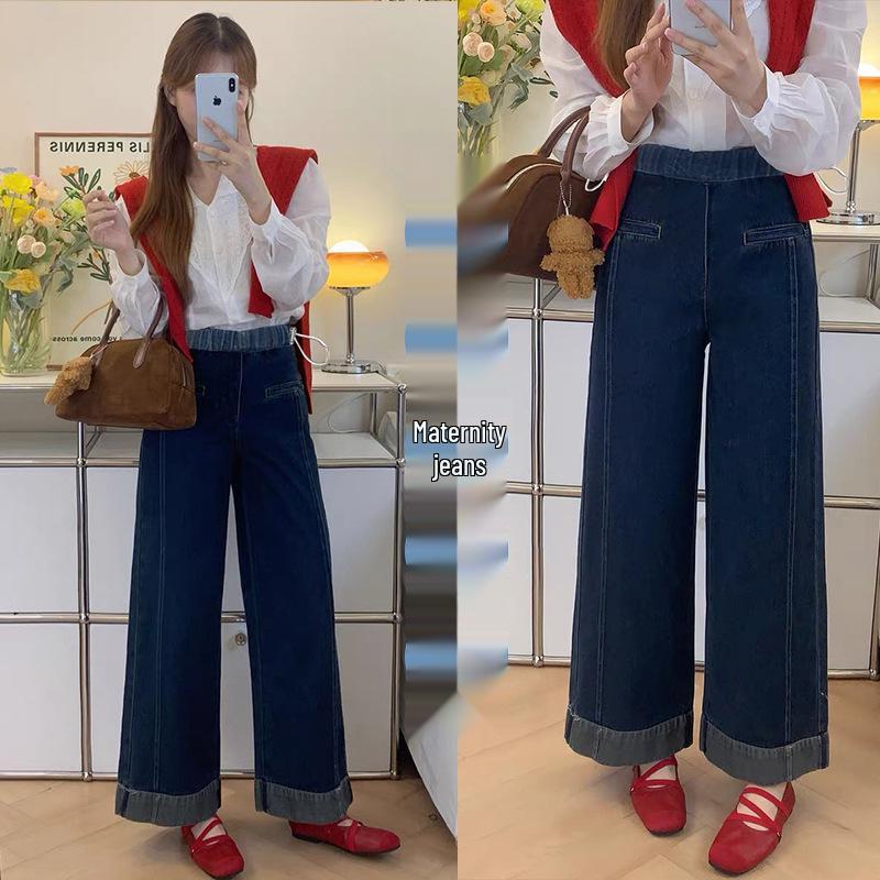 Maternity Drawstring Jeans - Spring/Autumn 2026 Turn-up Straight Leg, Loose Fit, Elastic Waist, Wide Leg Pants. M