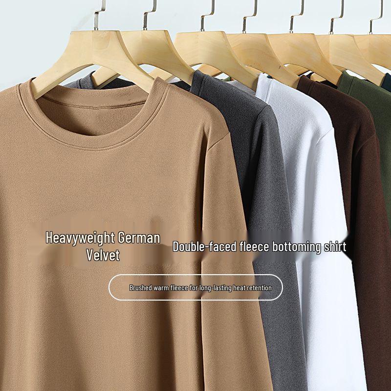 Men's Fleece-lined Double-sided German Velvet Warm Round Neck Long Sleeve Base Layer - Versatile Solid Color Innerwear for Autumn/Winter 2025.