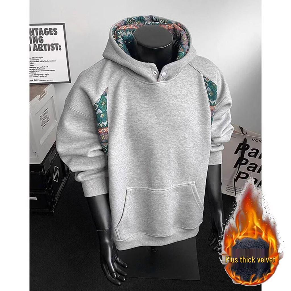 Men's Autumn Patchwork Hoodie: Chinese Ethnic Style, High Collar, Long Sleeve