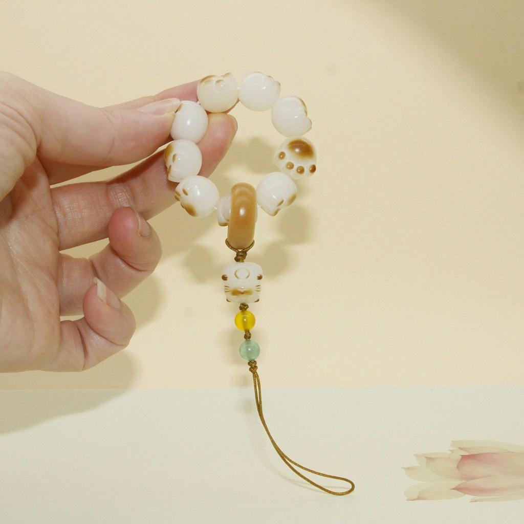 White Bodhi Cute Cat Paw Charcoal Phone Charm - Women's Lucky Cat Lanyard & Ring Pendant