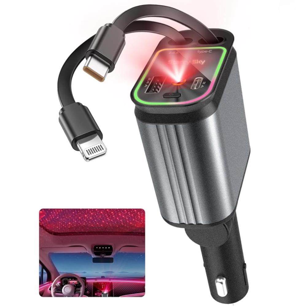 

Автомобильное зарядное устройство 4 в 1 с выдвижным кабелем, 66 Вт, автомобильное быстрое зарядное устройство с кабелем для iPhone и Type-C, регулируемый штекер 180°, прикуриватель со светодиодной подсветкой «Звездное небо»,