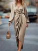 Elegant Cross-Neck Ruffled Slit Puff Sleeve Irregular Long Dress for Women 2025