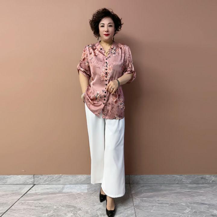 Summer Women's Floral Silk Shirt  Loose V-neck Plus-size Blouse