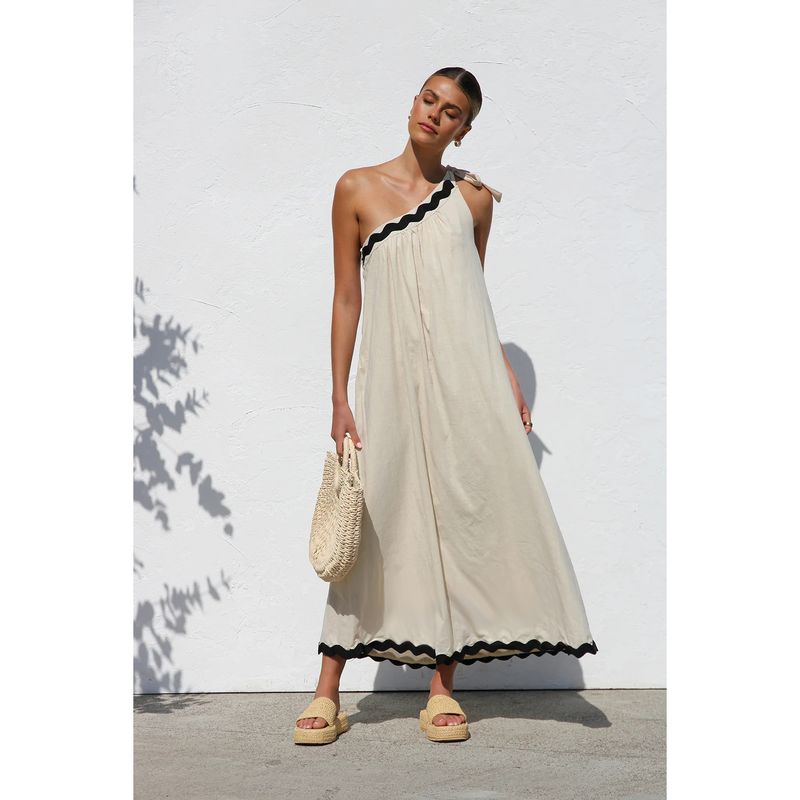 

Fashion Spring/Summer New Arrival Slant Shoulder Shoelace Lace Vacation Style Long Ladies Dress Apricot color S