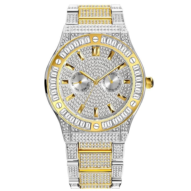 MISSFOX Mens Quartz Watch Bling Full Round Dial Waterproof 30M Classic Gold Plated Hip Hop Style