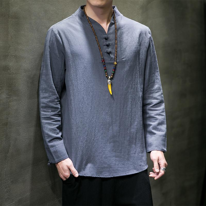 2025 Chinese Style Mens Shirts Fashion V-neck Long Sleeve T-shirt Men Harajuku Shirts Male Japanese Kimono Shirt