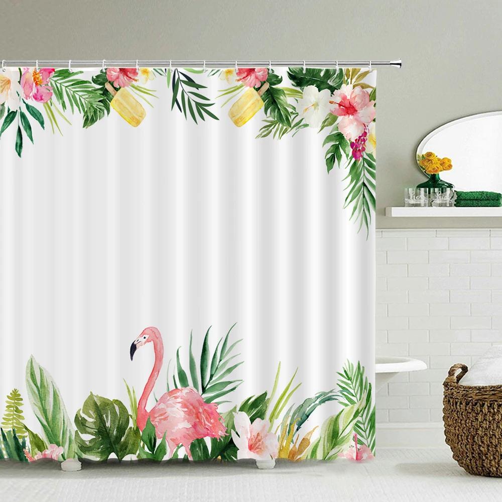 Tropical Plant Flamingo Shower Curtains Green Leaves Waterproof Polyester Fabric Home Decoration Bath Screen Bathroom Accessorie