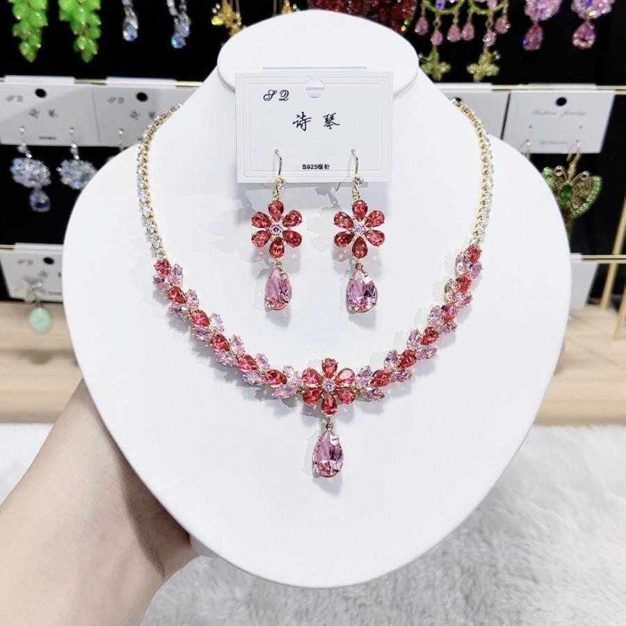 Trendy Zirconia Flower Necklace Earrings For Women Engagement Fashion Jewelry Set Bridal Wedding Chokers Party Accessories Gifts