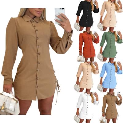 Women's Fashion Long Sleeve Solid Color Side Drawstring Dress