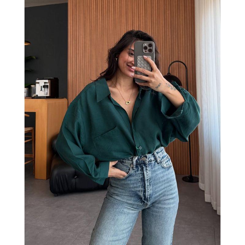 European and American Fashion Casual Loose Long sleeve Shirts Top Solid Color Loose Fitting Shirt