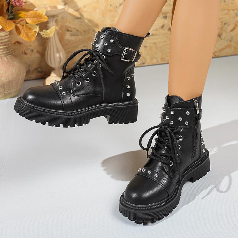 Fashion Rivets Decor Platform Ankle Boots Women Fashion Buckle Lace Up Zippers Combat Boots Woman Balck Pu Leather Motorcycle Shoes 42