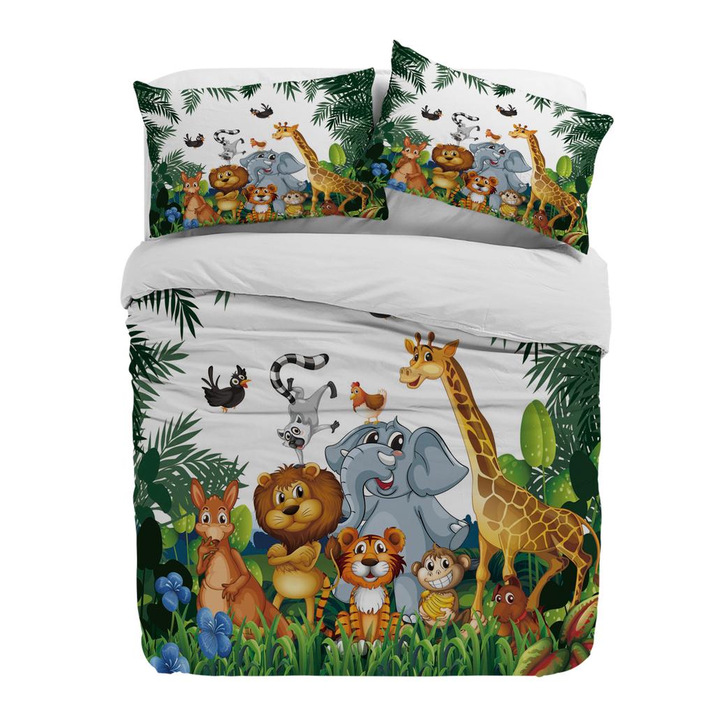 Tropical Jungle Cartoon Animal Giraffe Lion Elephant Duvet Cover Pillow Case Bedding Set Quilt Cover Double Bed Home Textile
