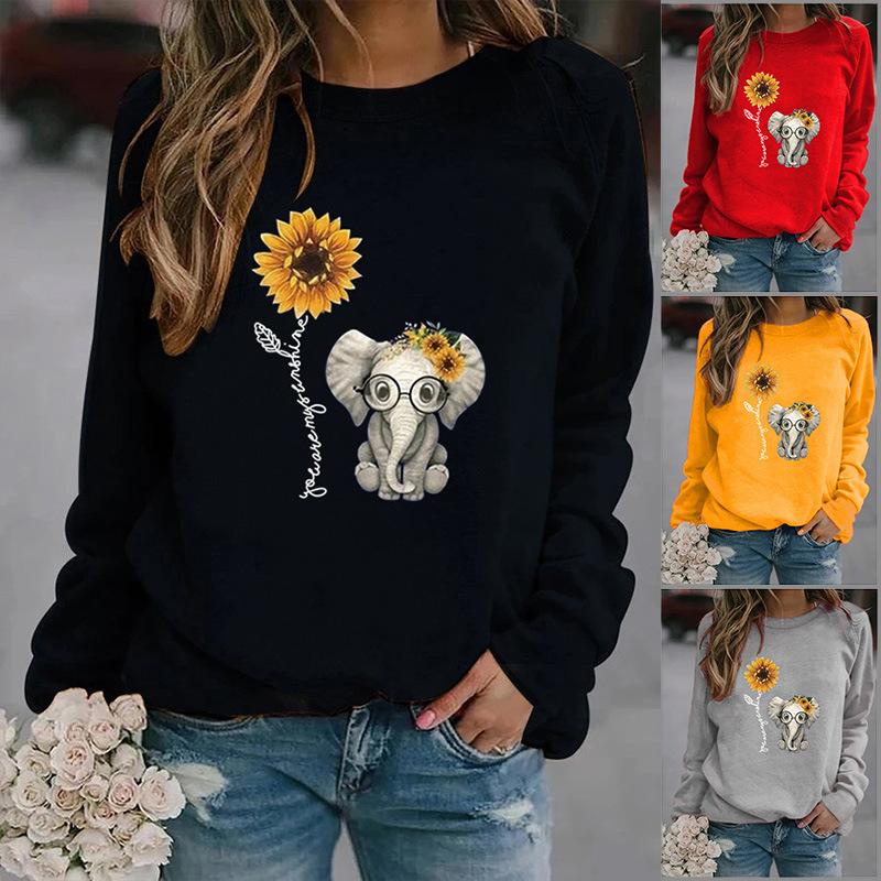 Women Autumn Winter Sunflower Elephant Printed Long Sleeves Round Neck Loose Fleece