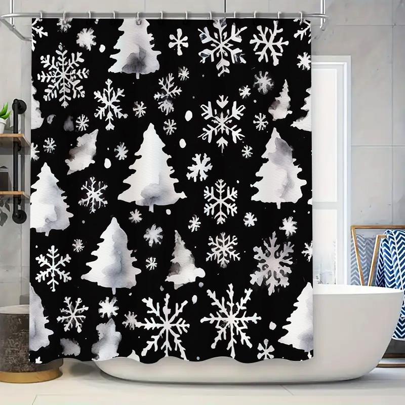 

Festive Snowflakes Shower Curtain Black White Waterproof Bath Rug Decoration For Christmas Tree Party Home Bathroom Decor W60H190(CM)-1 Pcs