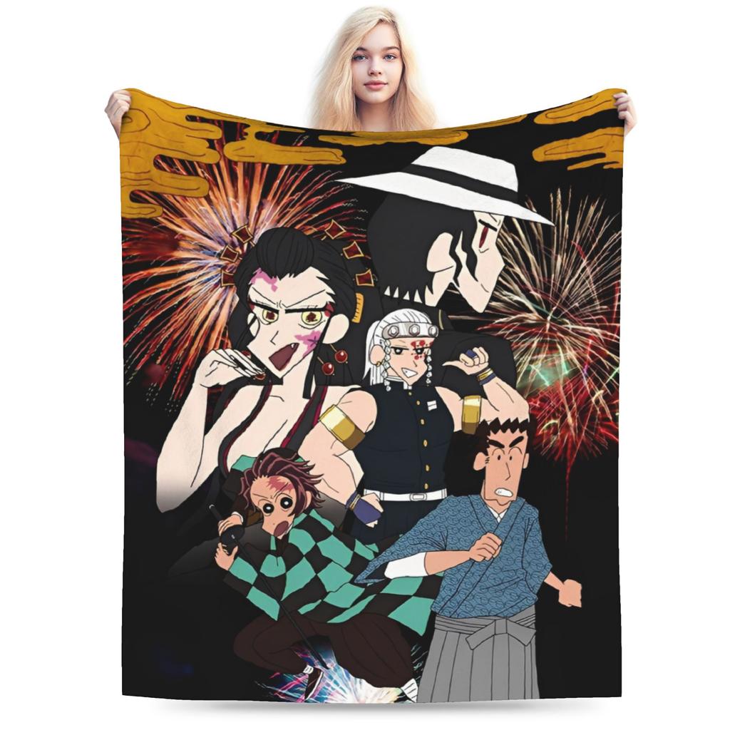 Crayon Shin Chan Demon Slayer Fleece Throw Blanket Anime Blankets for Home Travel Warm Plush Thin Quilt