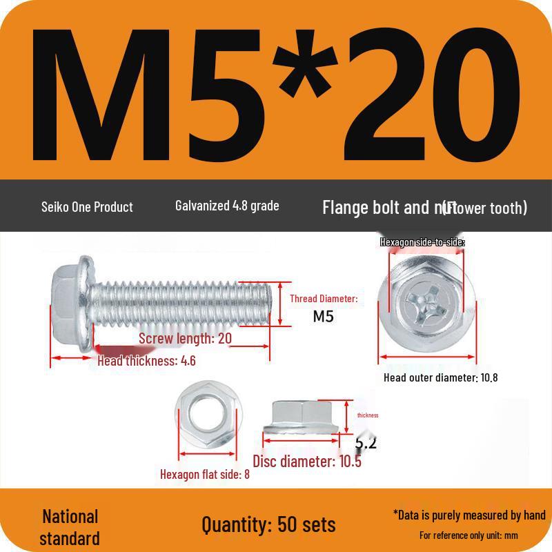 Galvanized Hex Head Bolt & Nut Sets with Washers - Anti-slip (M4/M5/M6/M8, 4.8 Grade)