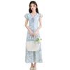 2026 Frühling/Sommer Elegantes blaues Blumen-A-Linien-Kleid: Taillenbetonend, Kurzärmelig, Französischer Stil