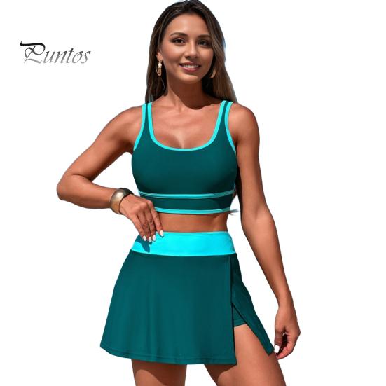 

2 шт./комплект женский танкини комплект с низким О-образным вырезом рукава майки с утягивающим животом боковые разрезы юбки комплект пэчворк цветной купальник S зелёный