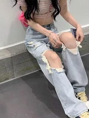 Damen Amerikanische Retro Hellblaue Ripped Jeans - Lässige Herbst Gerade Weiter Bein Hose