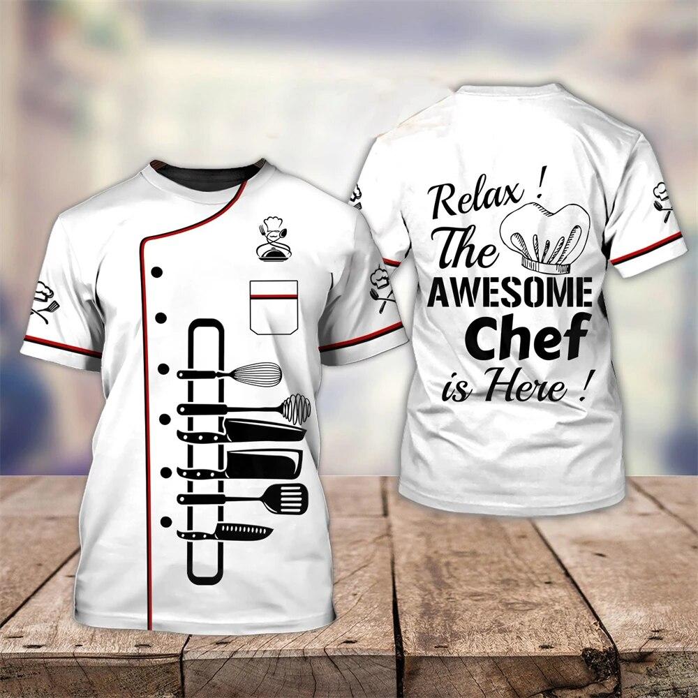 T-shirt de chef drôle pour hommes, loisirs, ustensiles de cuisine 3D, imprimé pour hauts à manches courtes à col rond, vêtements de créateur personnalisés, t-shirts surdimensionnés