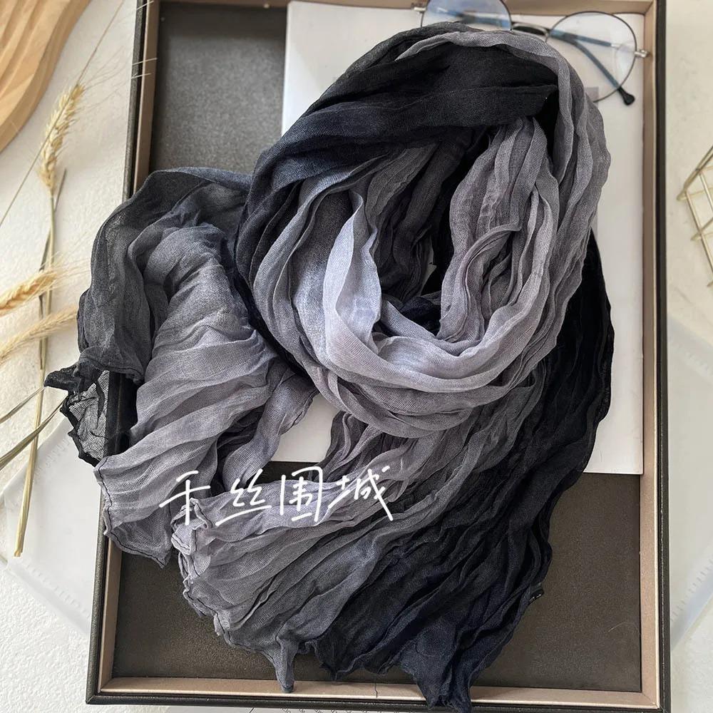 New Scarf Cotton Hemp Hand Feel Gradient Blue Autumn Winter Retro Versatile Printed Women's Long Fold Shawl Soft Fashionable