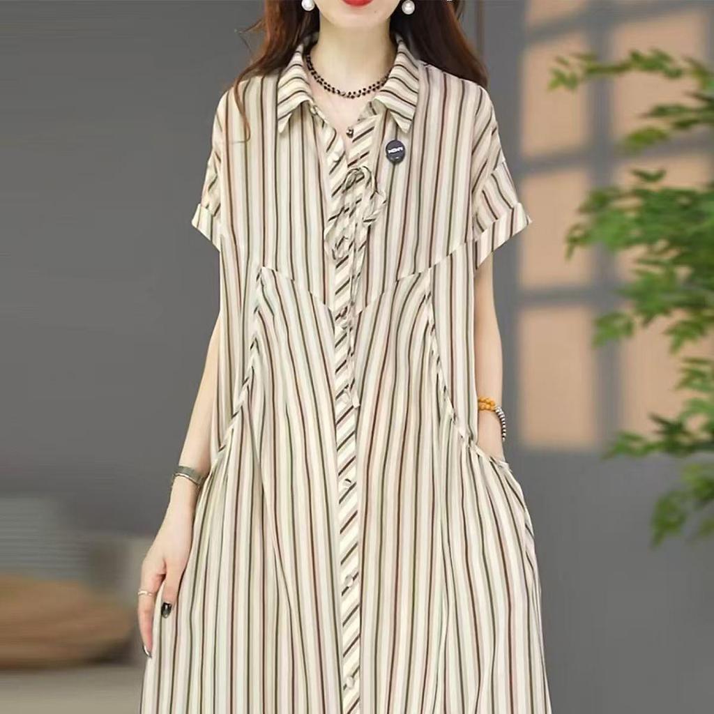 Summer Stripe Short Sleeve Dress: Stylish, Loose Fit, Slimming Long Skirt