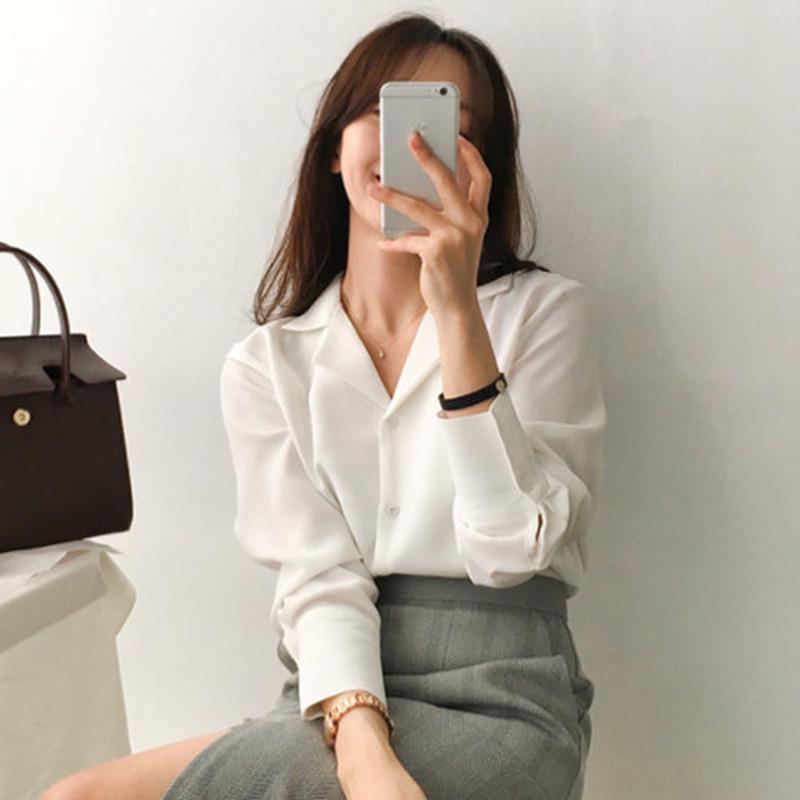 SURE XIAO STORY женские топы и блузки однотонные с отложным воротником белая шифоновая рубашка женская одежда S белый