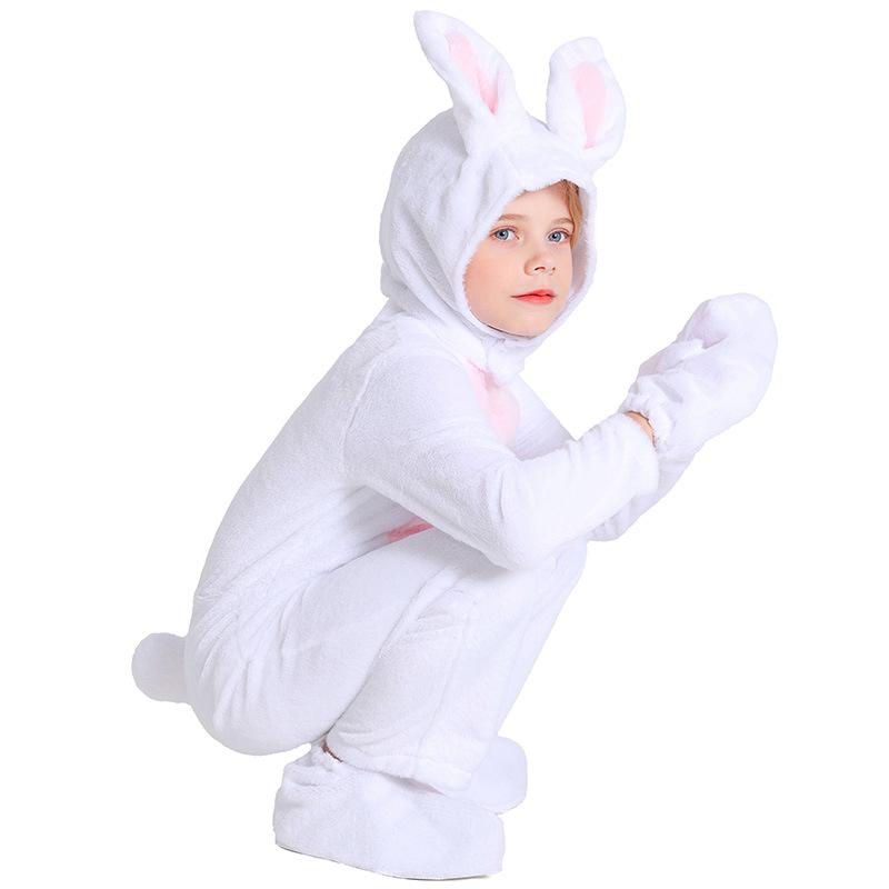 Kids Boys Girls Velvet Rabbit Animal Hooded Jumpsuit Halloween Cosplay Costumes School Stage Drama Show Performance Role Play Outfits