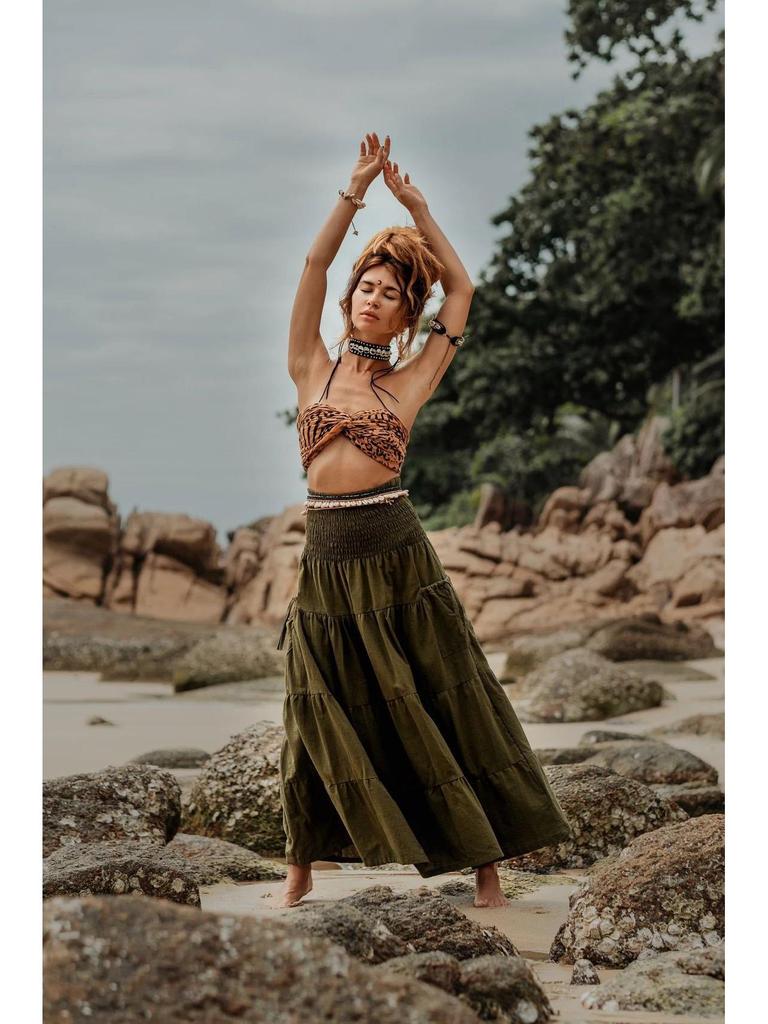 2025 Damen Böhmischer Einfarbig Langer Rock mit Taschen, Zwei-Wege Wickelstil