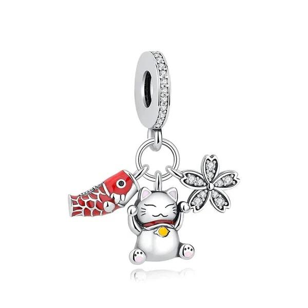 925 Silver Cat Charm Fish Pendant DIY Bracelet Jewelry Gift for Women Fashion Pet Lover Accessories