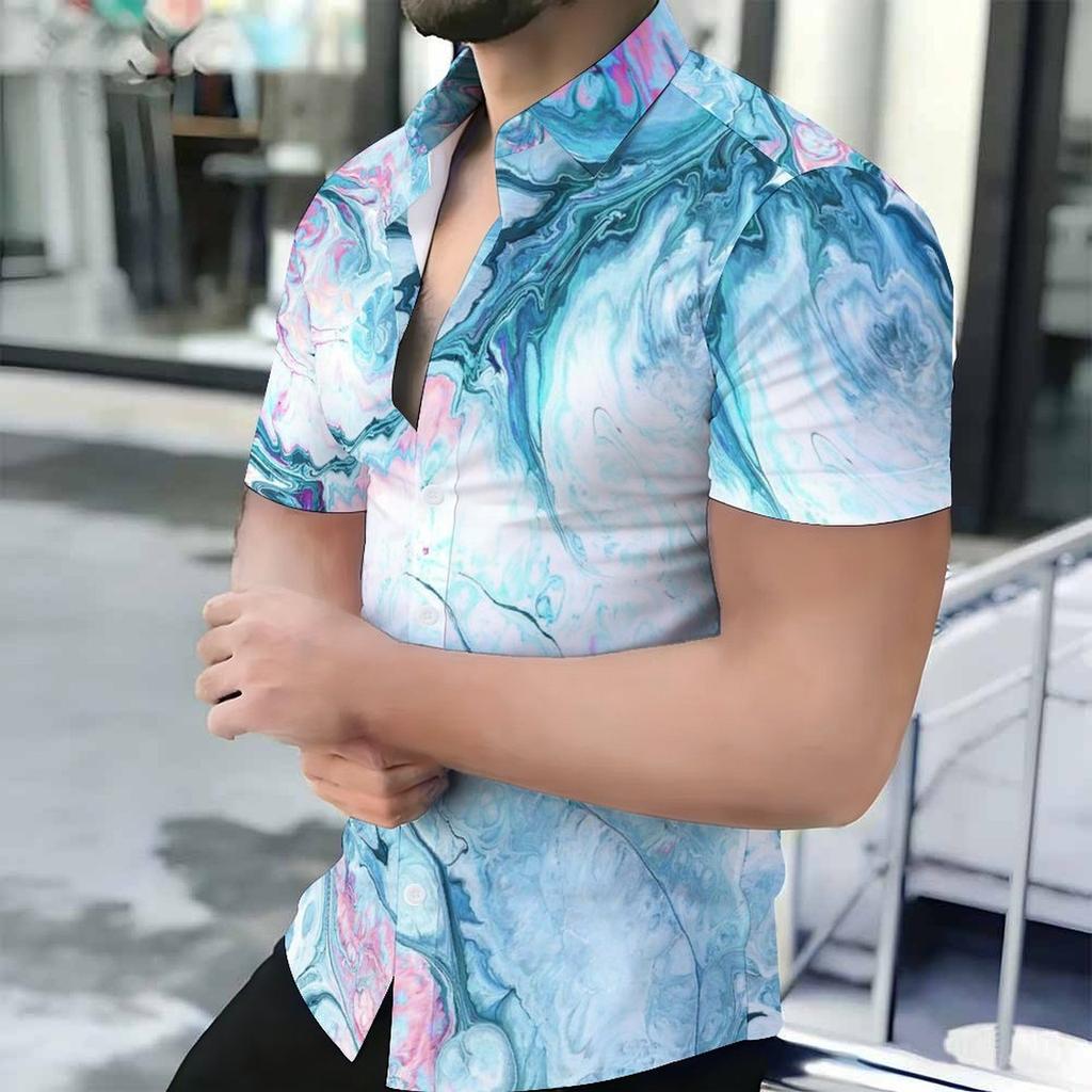 Women Short Sleeve Shirt Blue Pink White Marble Swirl Abstract Print Lapel Button Up Top