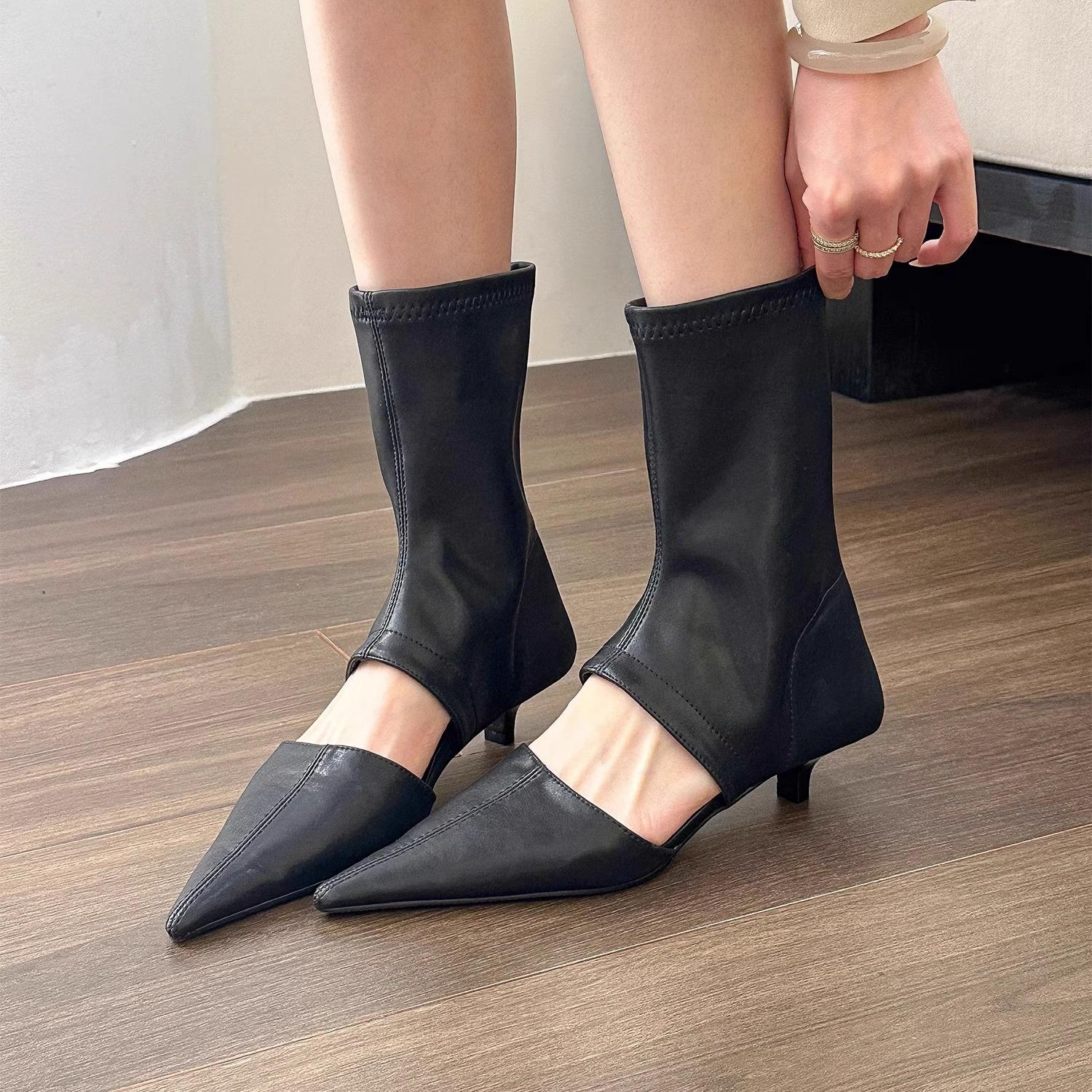 

Pointed hollow low-heeled boots women s summer elastic thin short boots 40