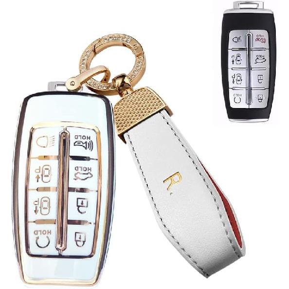 

SANRILY Golden-Edge 8 Button Key Fob Cover for Genesis GV80 2021 2022 G80, GV70 Keyless Full Protection Key Fob Case with Leather Keychain Beige бежевый