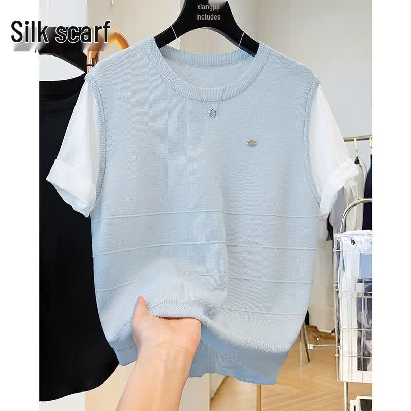 Women s Color-Block Round Neck Knitted Pullover Top One Size светло-синий
