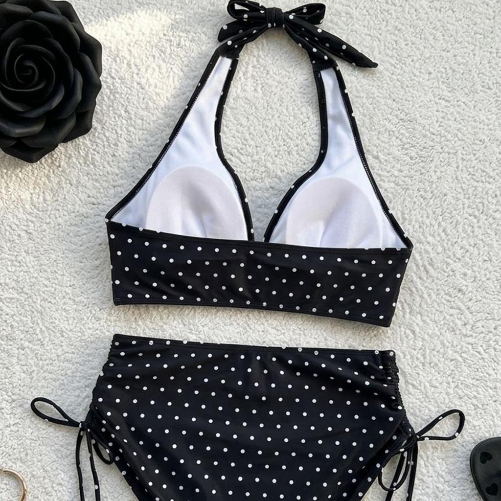 Costume da Bagno a Pois con Scollo all'Americana e Coulisse Sexy Set Bikini Due Pezzi