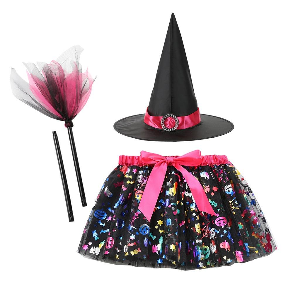3Pcs/set Pointy Hat Kids Witch Dress Set Wizard Halloween Cosplay Costumes  Girls