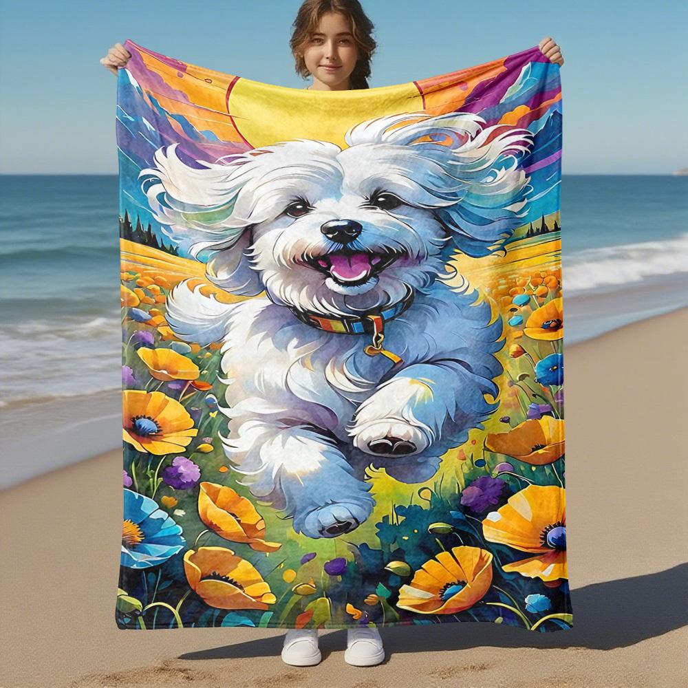 1pc Dog Flower Outdoor Flannel Blanket Soft Warm All-Season Throw for Sofa Bed Car Camping Office, Cozy Gift Idea1130S