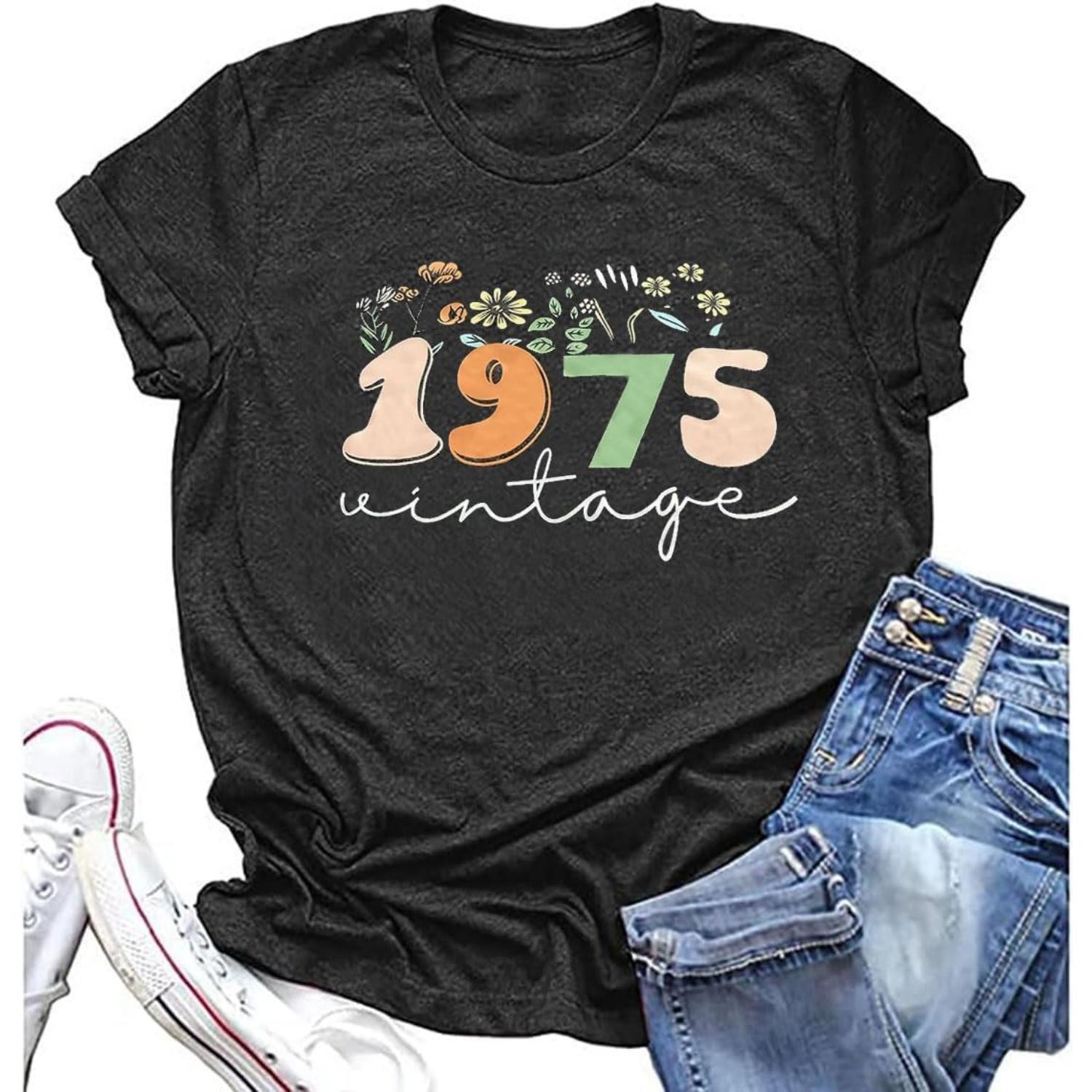 Vintage 1975 T-Shirt for Women 50th Birthday Gift Shirts Funny Flower Graphic Retro Birthday Casual Tee Tops S чёрный