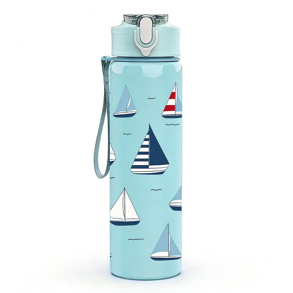 1PC Sailboat Sea Nautical 750ml Color Plastic Sports Water Bottle Leakproof Flip Straw Lid Suitable for Sports Office Home Use