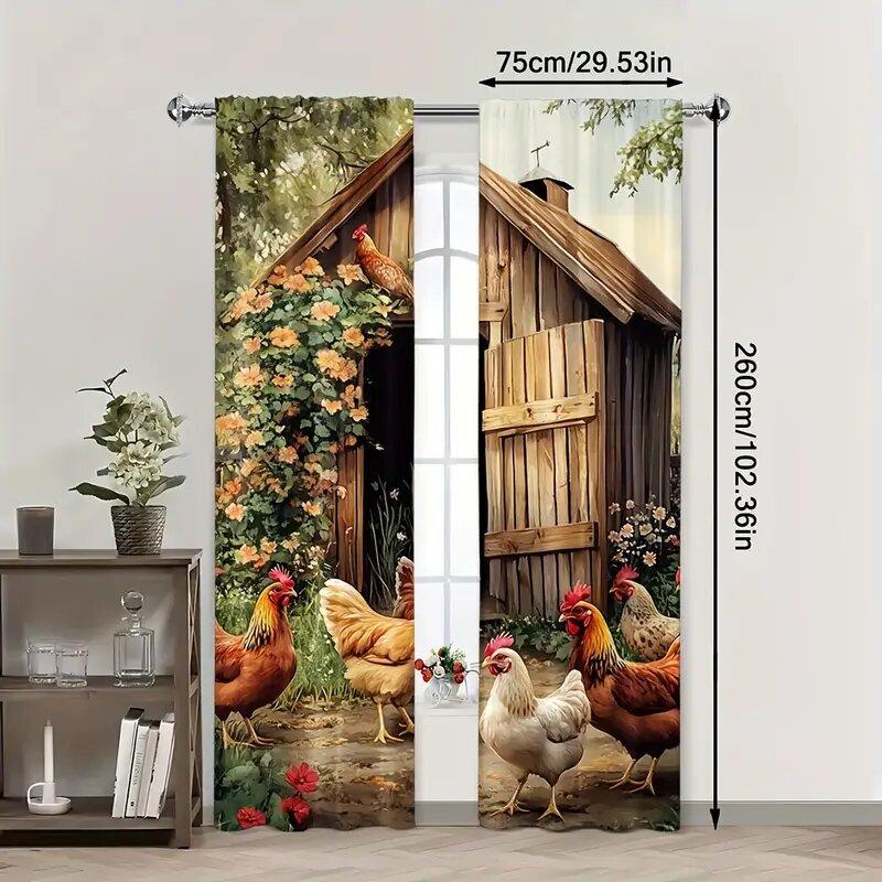 Set Of 2 Retro Country Style Chicken Coop Patterns Printed Curtains Window Decorations Home Room Made Polyester