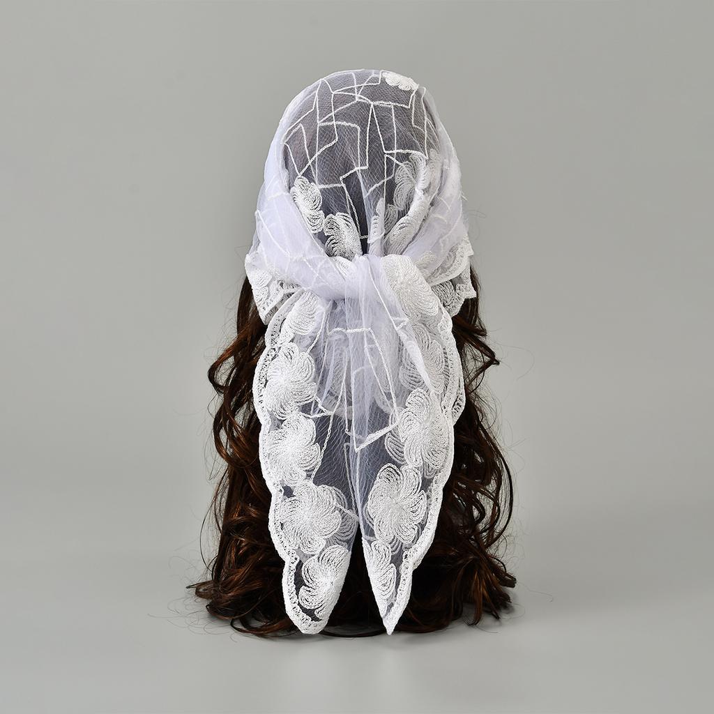 Newest Yarn Square Scarf Floral Embroidery Lace Headband Summer Breathable Bandana For Women Elegant Turban Hair Wrap 80*80Cm