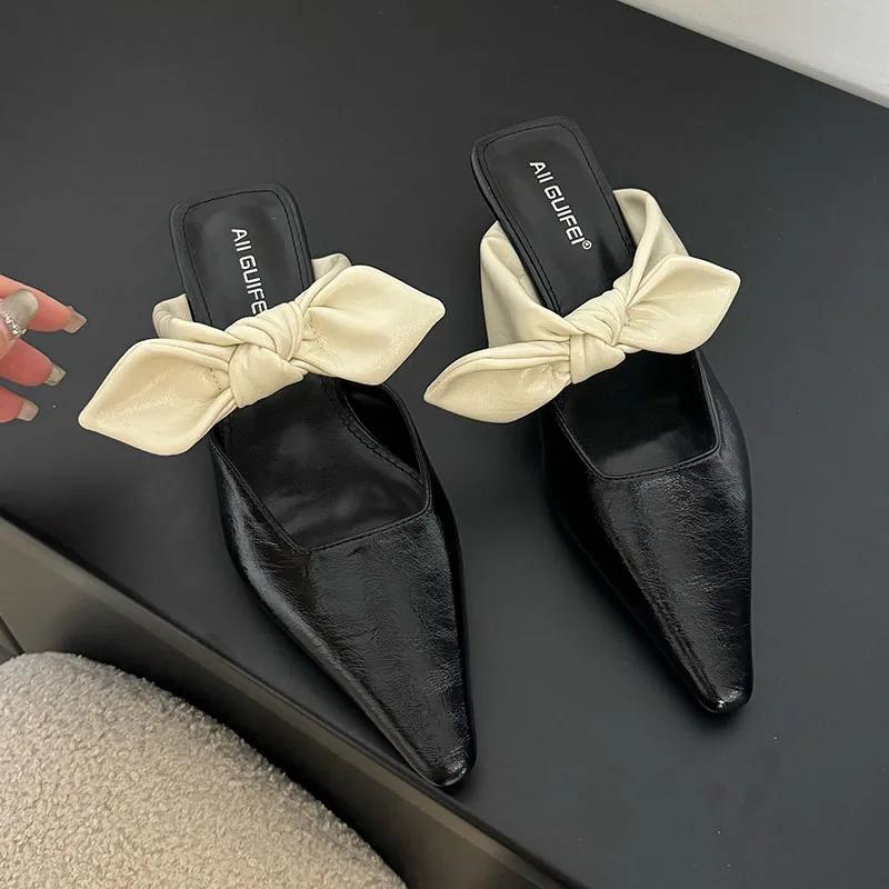 Fashion Sweet Butterfly-knot Low-heeled Slippers Women Elegant Pointed Toe Slingback Slide Sandals Comfort Concise Designer Office Shoes