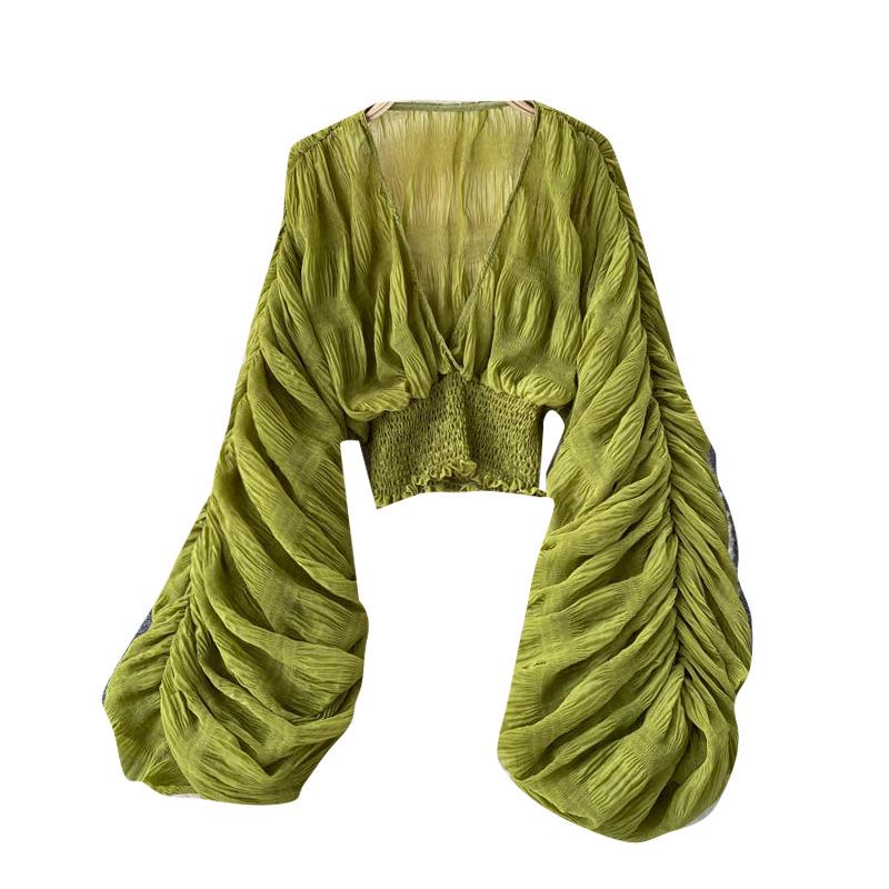 Chiffon Puff Sleeve Slim Fit Top: European & American Style, Trendy Pleated Design, Versatile & Fashionable Blogger Favorite