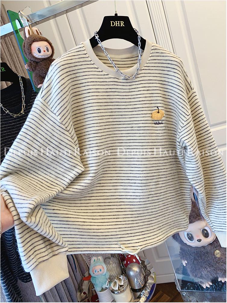 Korean Style Embroidered Pumpkin Stripe Long Sleeve Women's Plus Size Casual Top