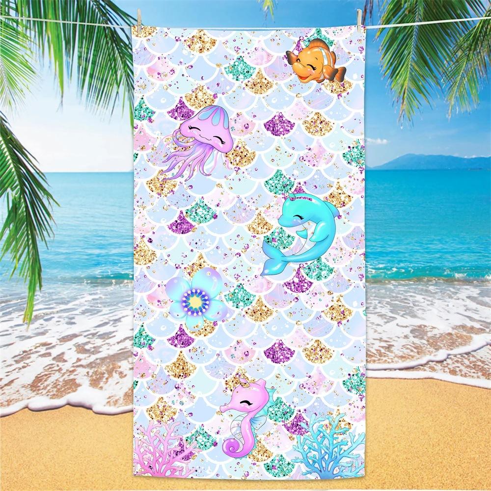 Children Girl Mermaid Beach Towel Purple Girls Seaside Quick-Drying Bath Towel Microfiber Towel Quick-Drying Pool