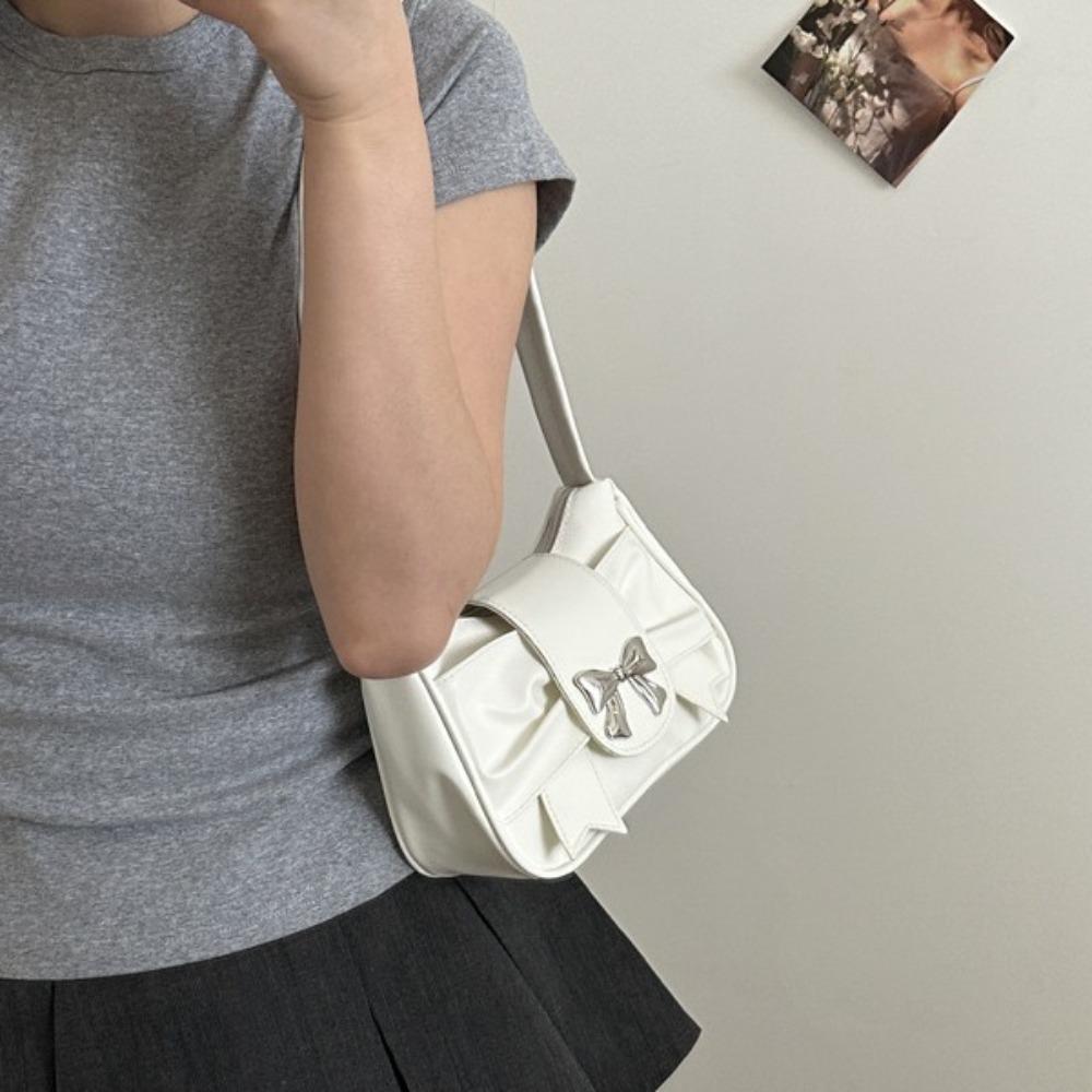 PU Leather Square Pleated Handbag Soft Bow Armpit Bag Elegant Bowknot Crossbody Bag Work