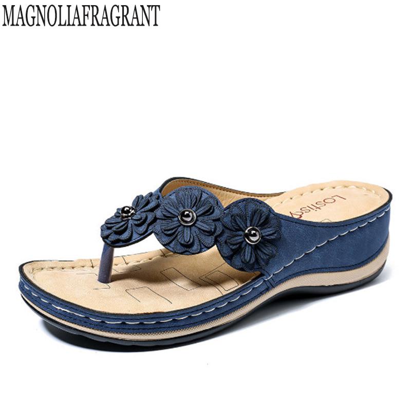 

Летние женские сандалии на танкетке с цветочным рисунком, женская повседневная обувь с открытым носком, Вьетнамки на платформе, шлепанцы на танкетке, пляжная обувь, женские сандалии 36 синий