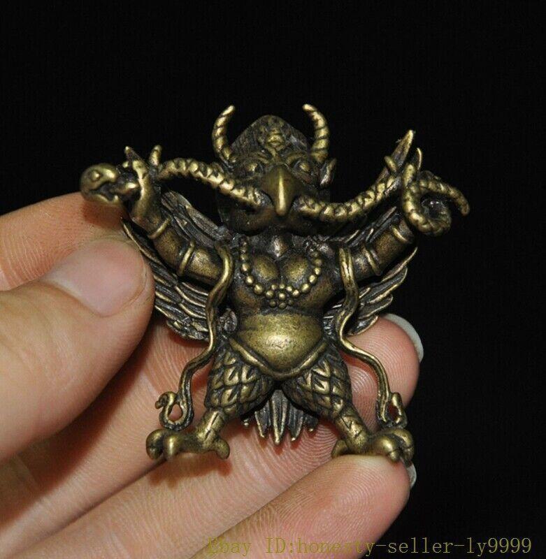 1" Tibet Bronze Pray Exorcism Redpoll Winged Garuda Bird Eagle Buddha Statue