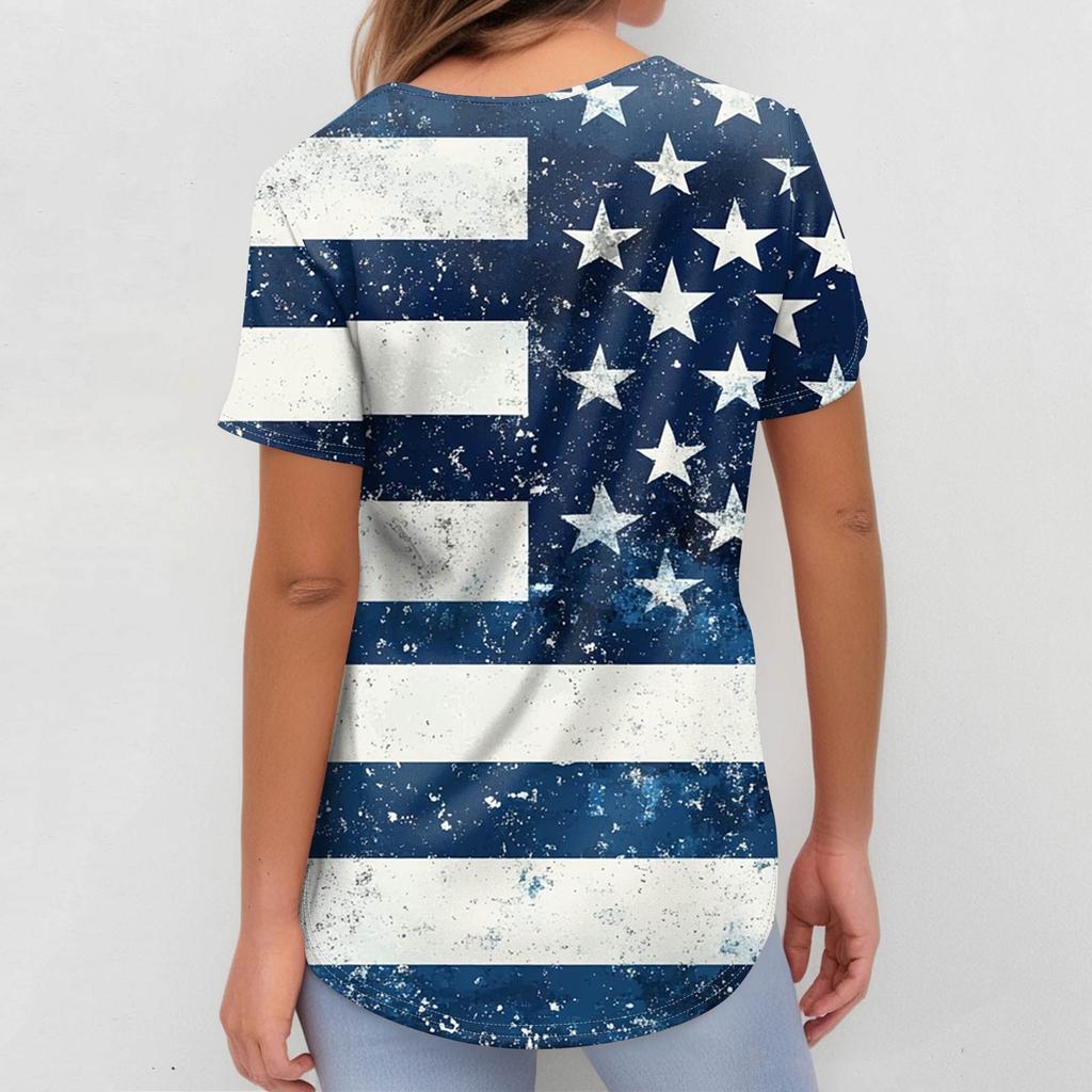 Women's Short Sleeve Independence Day Printed V-Neck Pocket Workwear Top